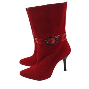 JK FASHION! ROUGE RED VEGAN SUEDE LEATHER POINTY TOE STILETTO ANKLE BOOTS! SZ 8M